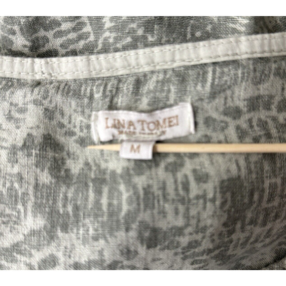 Lina Tomei Dress Women Medium Green Cream Geometric 100% Linen Shift Casual Work - Picture 7 of 9